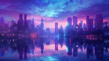 Skyline of an iconic city with a river running through it, lights reflecting on the water, dreamy and ethereal mood, Fantasy, Pastel Colors