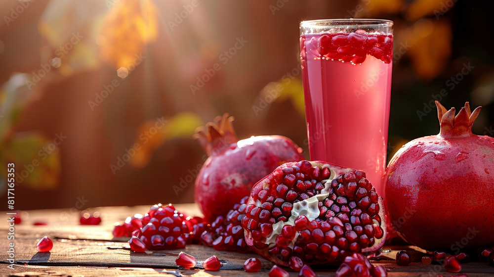 Aufkleber a glass of red pomegranate juice sits on a wooden table next to a whole pomegranate and a half pomeg