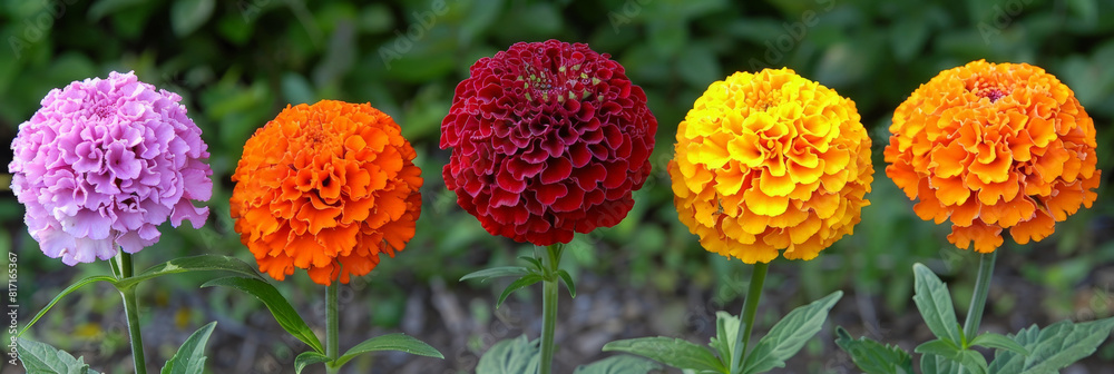 Poster a row of variously colored flowers blooming in a well-manicured garden, creating a vibrant and livel