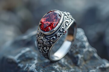 A close up of a ring with a red stone on a rock