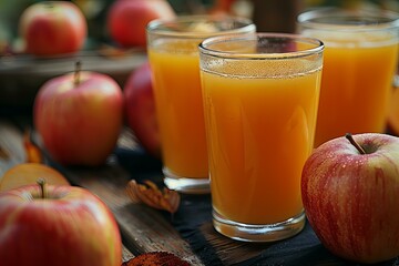 Apples and orange juice placed together on a table with fresh apples