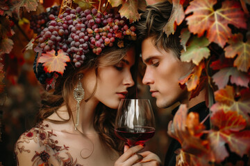 A man and woman are standing, holding glasses of wine