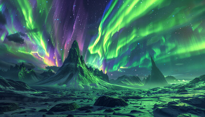 vivid aurora on an alien planet with glowing night sky and mountains, surreal and otherworldly landscape