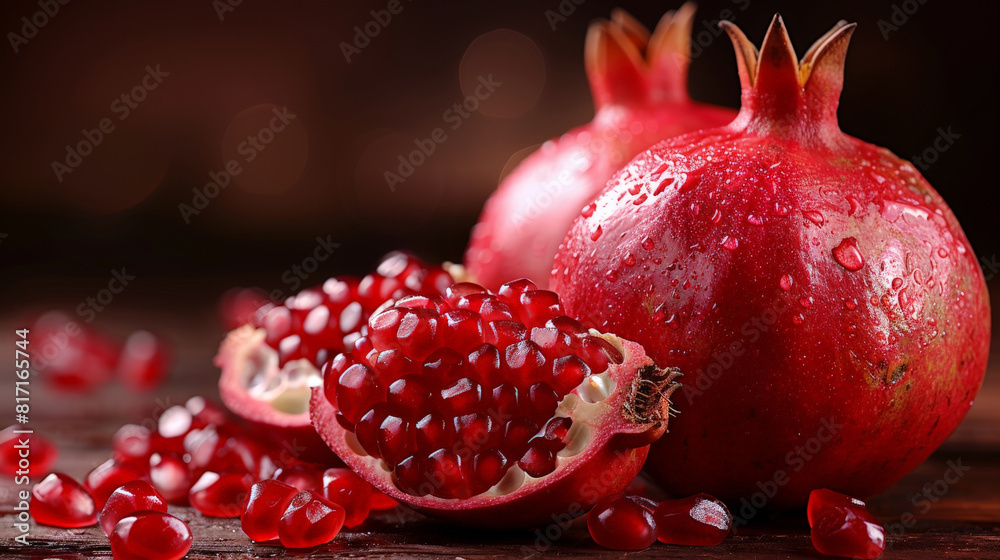 Poster a close-up of red pomegranates, one partially open, with seeds scattered on a wooden table