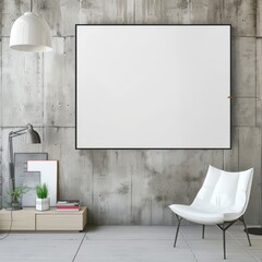 blank framed canvas mockup, square frame on wall of modern apartment