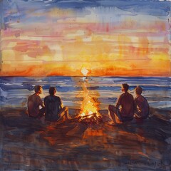 A joyful watercolor depiction of friends enjoying a sunset beach bonfire
