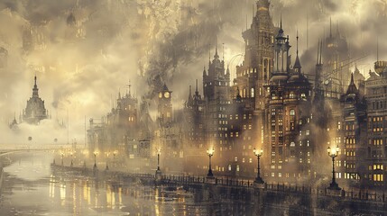 Waterfront skyline with towering steampunk buildings, glowing with vintage street lamps Steampunk, watercolor, sepia tones