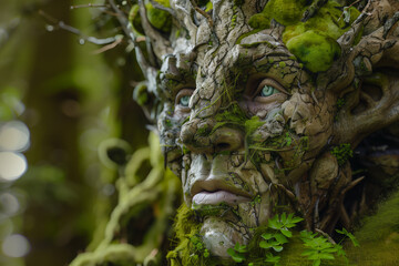 closeup of a treant face covered in moss and leaves, detailed texture, fantasy nature scene