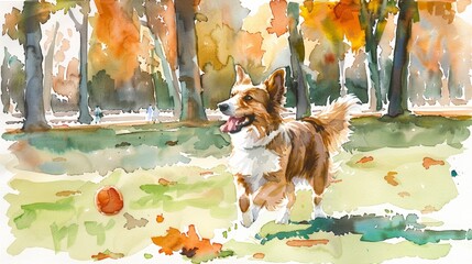 A joyful watercolor depiction of a dog playing fetch in a park