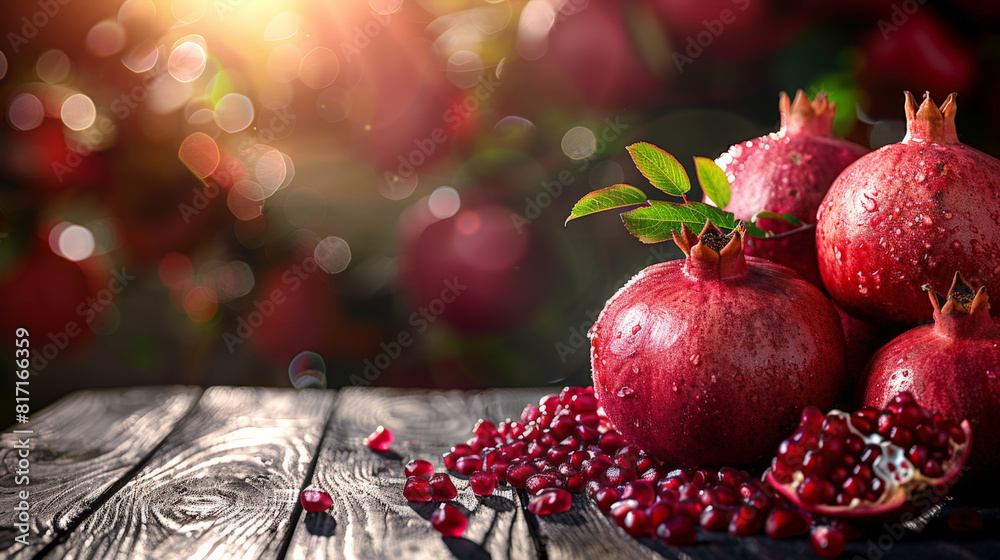 Poster fresh pomegranates are displayed on a rustic wooden table, showcasing their vibrant red color and ju