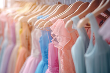 A rack of beautiful prom dresses in various colors and styles hanging on hangers at the back wall of an evening wear store with bright lights and blurred background