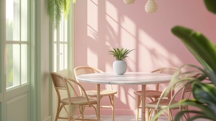 Blank interior wall background for frame, balcony dining room with rattan chairs and table home interior, 3D render