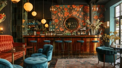 A charming bar lounge featuring vintage decor, floral wallpaper, plush seating, and warm lighting, perfect for an evening relaxation spot.