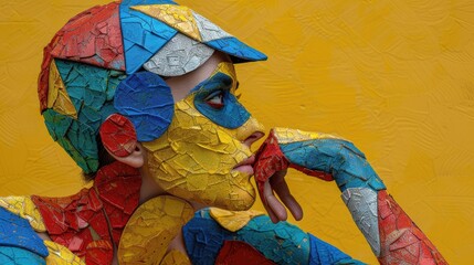 A woman with a colorful face painted on a yellow background