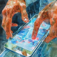 A futuristic watercolor depiction of hands using a hightech smartphone interface