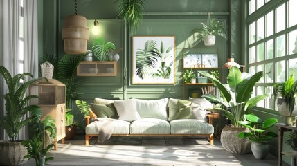 A peaceful sunroom filled with vibrant plants surrounding a cushy sofa. Natural light floods the room, enhancing the calming green decor.