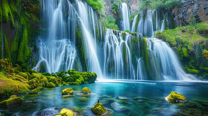 A majestic waterfall cascading down moss-covered rocks into a crystal-clear pool.