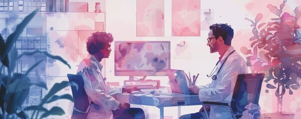 A friendly watercolor illustration of a doctor interacting with a patient in a medical office