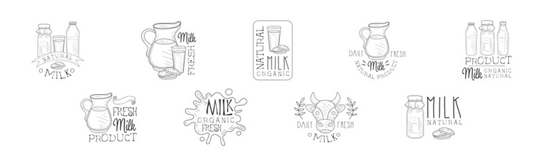 Fresh Milk Product Hand Drawn Black and White Sign Design Vector Set