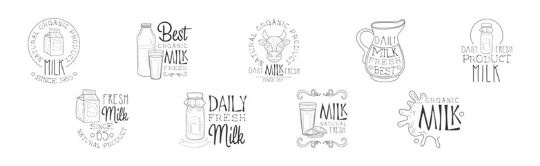 Fresh Milk Product Hand Drawn Black and White Sign Design Vector Set