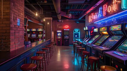 Neon signs illuminate a nostalgic arcade filled with classic arcade machines and lined with bar stools. The setting is a retro-themed, urban indoor space at night.