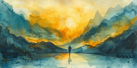 A dynamic watercolor painting of a person running at sunrise with mountains in the background
