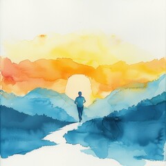 A dynamic watercolor painting of a person running at sunrise with mountains in the background
