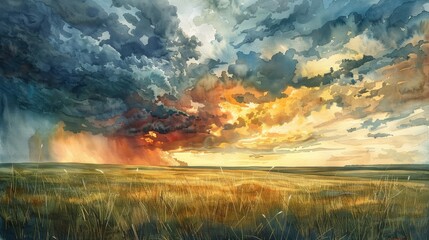 A dramatic watercolor painting of a thunderstorm over an open prairie