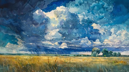 A dramatic watercolor painting of a thunderstorm over an open prairie