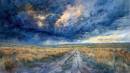 A dramatic watercolor painting of a thunderstorm over an open prairie