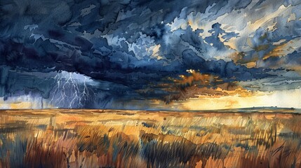 A dramatic watercolor painting of a thunderstorm over an open prairie