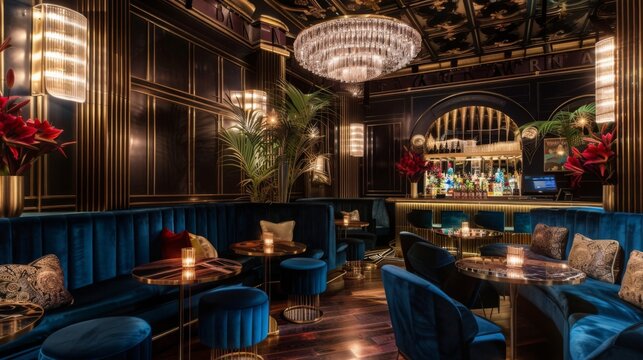 A sophisticated bar adorned with luxurious blue velvet couches and sparkling chandeliers, creating a lavish and upscale ambiance.