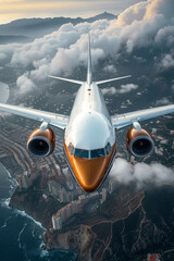 Fototapeta premium Passenger plane flying over the city