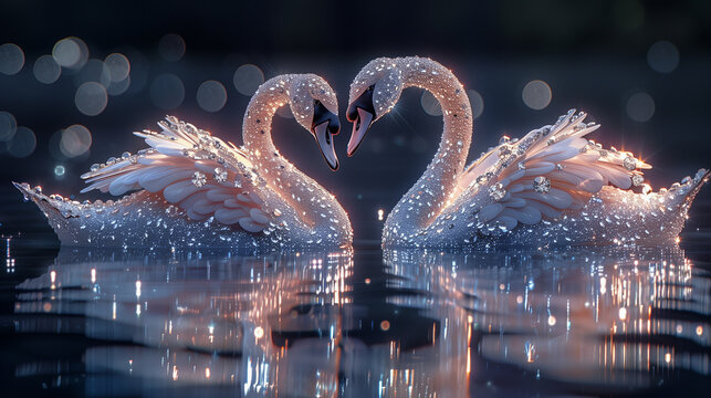 Romantic couple of pink swans in the lake. Love Swans. Touching romantic scene of mated pair of swans on lake. Valentine's day, fidelity, love, wedding day, declaration of love