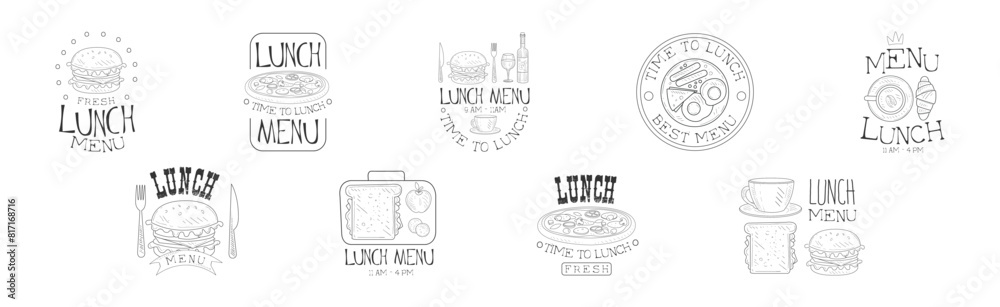 Sticker Lunch Menu Hand Drawn Monochrome Sign Design Vector Set