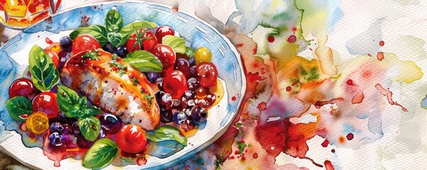 A detailed watercolor illustration of a gourmet dish with vibrant colors and textures
