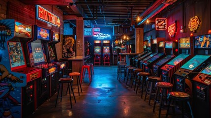 Rows of classic arcade machines line the walls of a neon-lit room during nighttime. Stools are placed in front of the gaming consoles, inviting players to relive the arcade experience.
