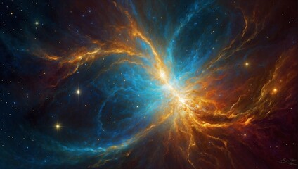 As two stars merge in a dazzling celestial embrace, their swirling colors and intense radiance...