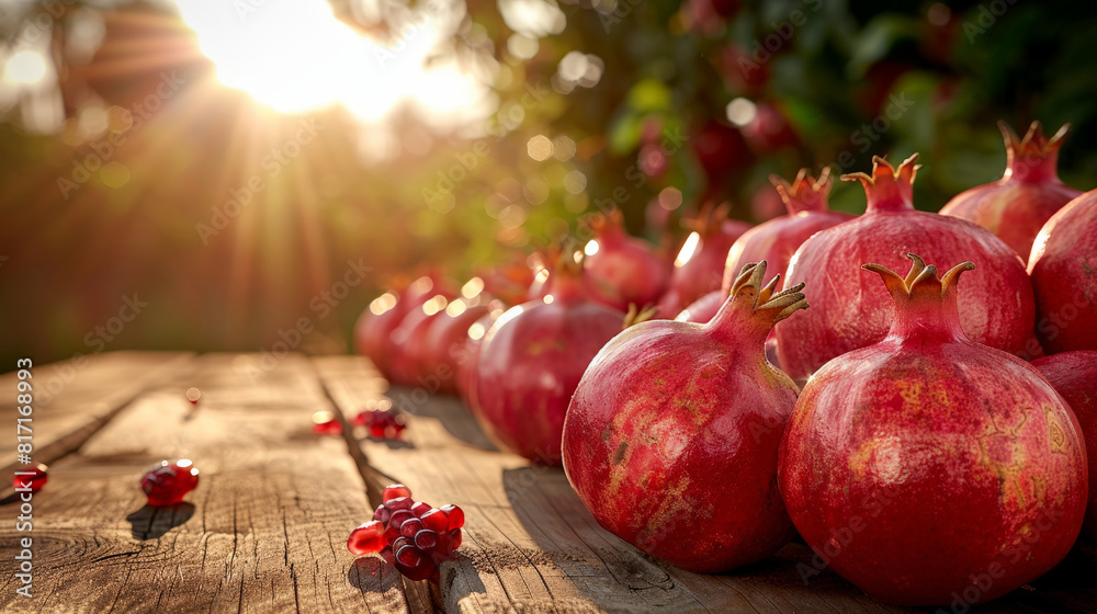Poster a row of bright red pomegranates sits on a weathered wooden table, bathed in the warm glow of aftern