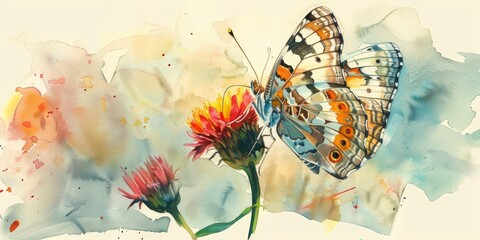 A delicate watercolor illustration of a butterfly on a vibrant flower