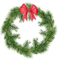 Pine Christmas wreath with red bow, watercolor illustration. Clipart for design, greeting cards, postcards, isolated element on white background.