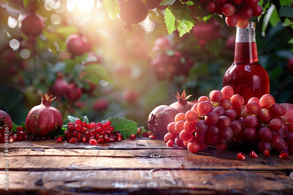 Poster fresh pomegranate and grapes arranged on a rustic wooden table, showcasing vibrant colors and textur