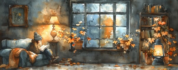 A cozy watercolor scene of a living room with warm lighting and a person reading a book