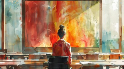 A confident watercolor depiction of a businesswoman giving a presentation in a conference room