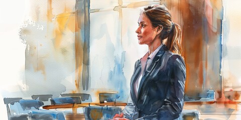 A confident watercolor depiction of a businesswoman giving a presentation in a conference room