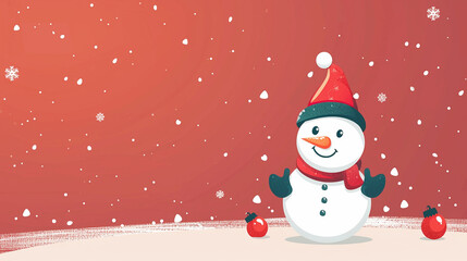 Fototapeta premium A cute cartoon snowman with hands and feet sticking out of the ground, wearing Christmas hat and scarf, smiling happily in front of a red background, minimalist style, simple flat illustration