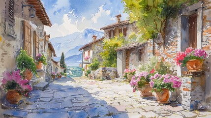 A charming watercolor painting of a cobblestone street in a historic European town