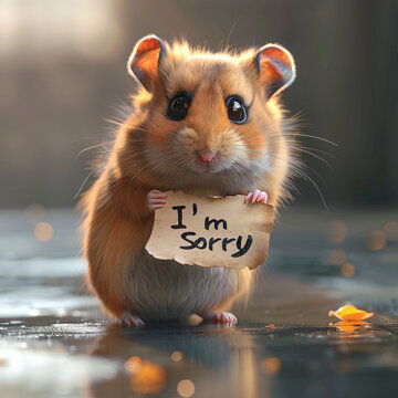 Fluffy Hamster Expressing Regret with "I'm Sorry" Sign