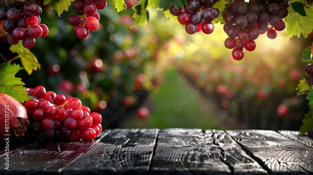 Poster A bunch of ripe grapes and a whole pomegranate arranged neatly on a rustic wooden table. The deep purple grapes contrast with the ruby-red pomegranate, creating a vivid display of fresh fruits