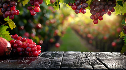 A bunch of ripe grapes and a whole pomegranate arranged neatly on a rustic wooden table. The deep...